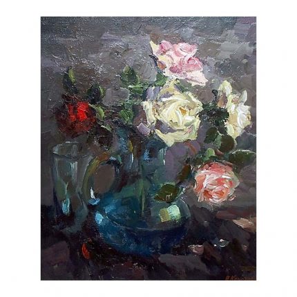 Kononov, Vladimir Gavrilovich (1924 – 2006) Roses in a Glass Decanter. (1990)