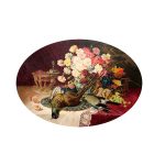 Buchner, Hans (1856 – 1941). Still life with Flowers, Fruits, and wanted a Bird