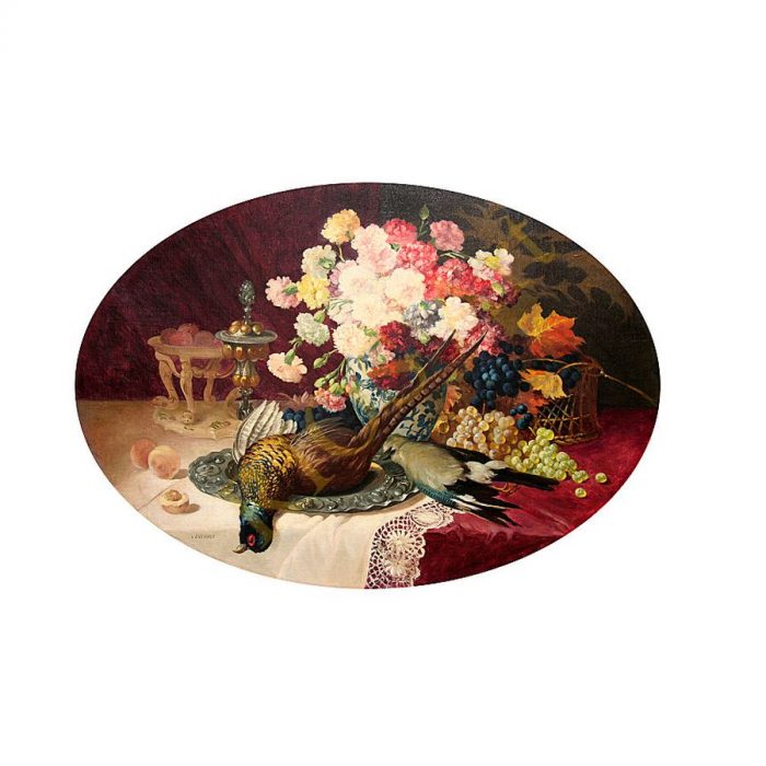 Buchner, Hans (1856 – 1941). Still life with Flowers, Fruits, and wanted a Bird